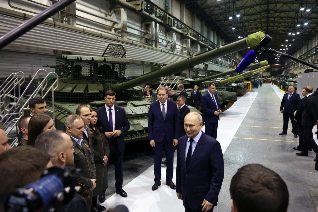 Russia’s leader, Vladimir Putin, visits Uralvagonzavod, the country’s main tank factory in the Urals, in Nizhny Tagil on February 15, 2024. (Source: Getty Images)