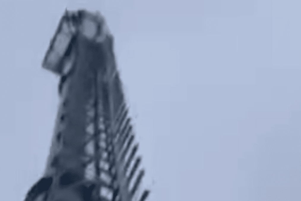 A damaged communications tower rises against the sky, reportedly destroyed in a sabotage operation targeting Russian military infrastructure. (Source: ATESH)