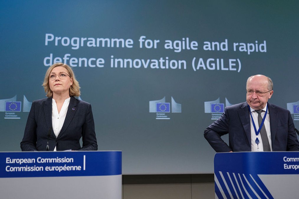 EU Commissioner for Tech Sovereignty, Security and Democracy Henna Virkkunen (L) and the EU Commissioner for Defence and Space Andrius Kubilius (R) talk to media about the €115 million AGILE Programme in Brussels, Belgium. (Source: Getty Images)