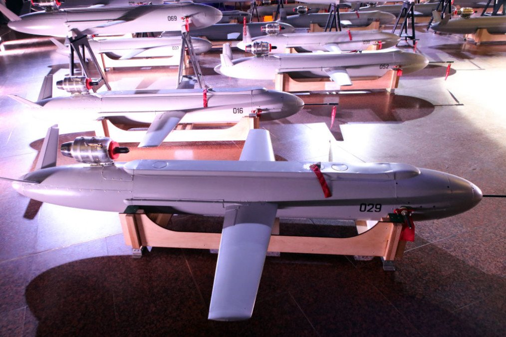In Kyiv, Ukraine, on December 6, 2024, long-range Peklo (Hell) missile drones are displayed during the handover of the first batch to Defence Forces on the Day of the Armed Forces of Ukraine. (Source: Getty Images)