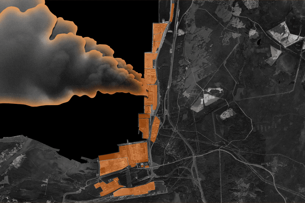 An illustrative graphic of the Ust-Luga oil port with an orange smoke plume. Ukrainian drones hit the hub for the 4th time in a week on March 31. (Source: UNITED24 Media/Oleksandr Manukians)