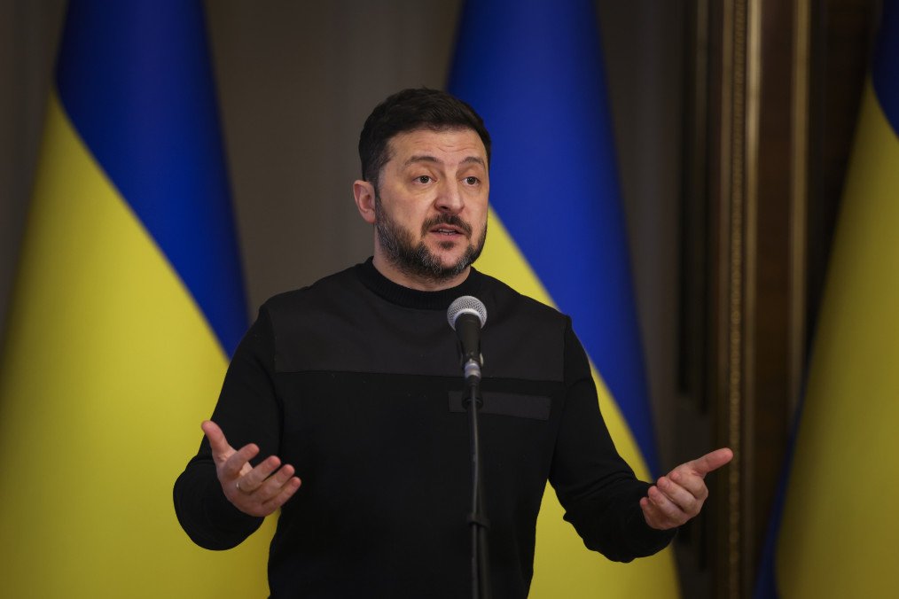 Ukrainian President Volodymyr Zelenskyy attends a meeting of the National Security and Defense Council in Kyiv, Ukraine, on March 3, 2026, where officials discussed security, infrastructure recovery, and energy resilience plans. (Source: Getty Images)