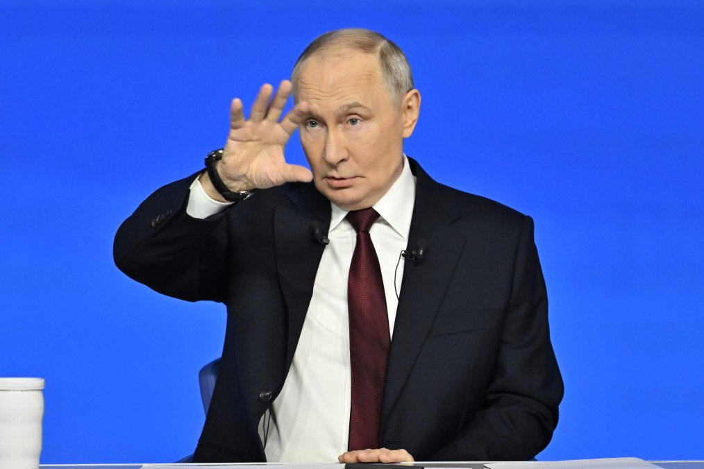 Russian leader Vladimir Putin attends an annual special televised question-and-answer session and year-end news conference at the Gostiny Dvor trade and exhibition centre in Moscow, Russia, on December 19, 2025. (Source: Getty Images)