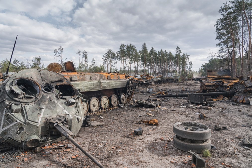 A column of destroyed Russian military equipment stands on a road on April 4, 2022, in the Kyiv region, Ukraine. (Source: Getty Images)
