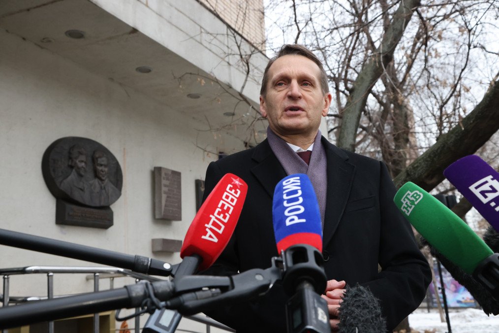 Russian Foreign Intelligence Service SVR RF Chief Sergey Naryshkin speaks during the opening ceremony of the commemorative plaque to Soviet spies Morris Cohen and Lona Cohen on January 11, 2023, in Moscow, Russia. (Source: Getty Images)