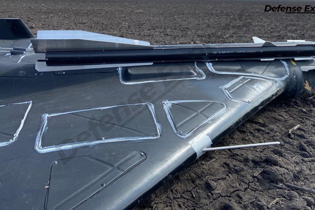 Downed Russian Gerbera-2 drone fitted with a mock R-60 air-to-air missile mounted along the fuselage. (Source: Defense Express) Downed Russian Gerbera-2 drone fitted with a mock R-60 air-to-air missile mounted along the fuselage. (Source: Defense Express)