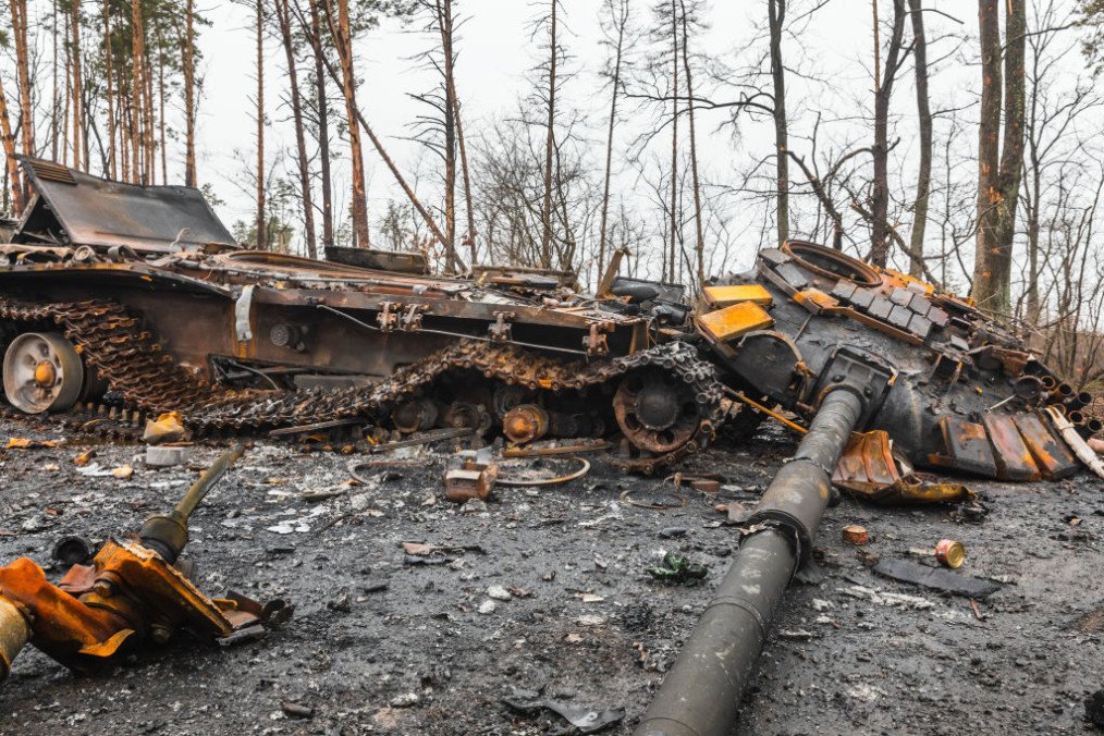 Broken tanks and combat vehicles of the Russian army, seen near the village of Dmytrivka, Ukraine. (Source: Getty Images)