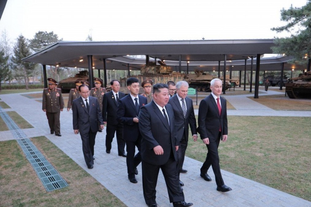 North Korean and Russian delegations tour an outdoor exhibit of armored vehicles during the opening of a military museum in Pyongyang, April 2026. (Source: KCNA)