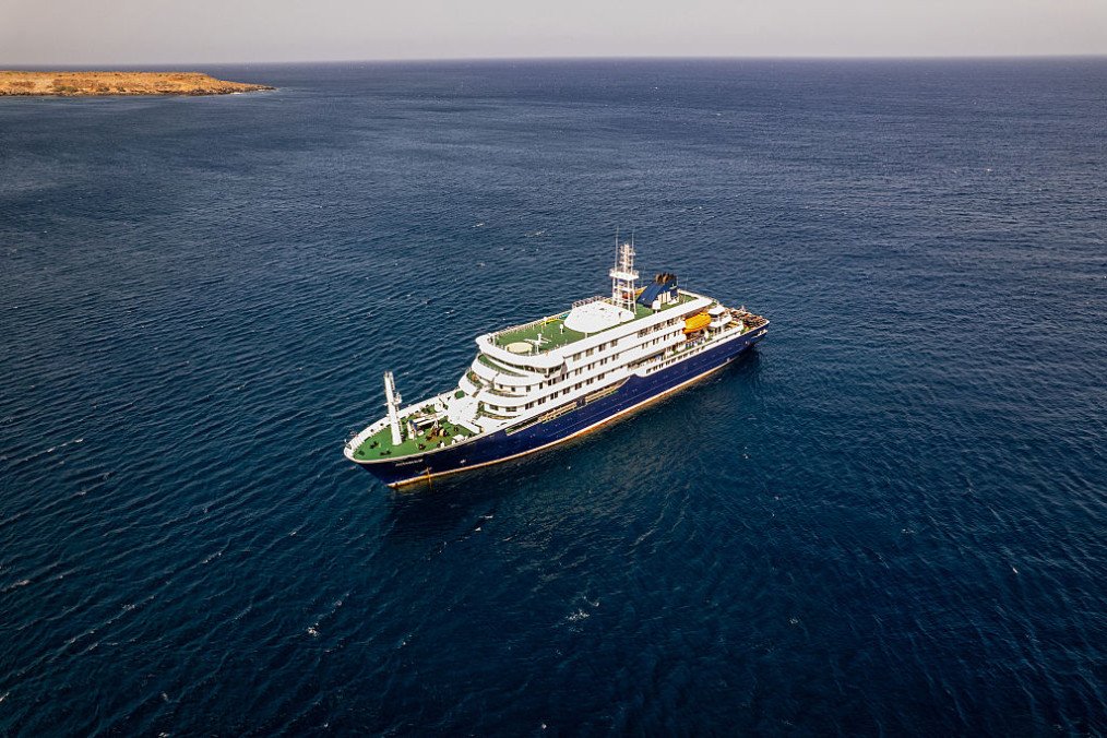 A general view of the cruise ship MV Hondius stationary off the port of Praia, the capital of Cape Verde, on May 3, 2026. (Source: Getty Images)