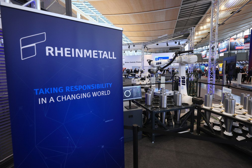 The Rheinmetall logo on display at the IBG booth at the Hannover Messe 2026 trade fair. (Source: Getty Images)