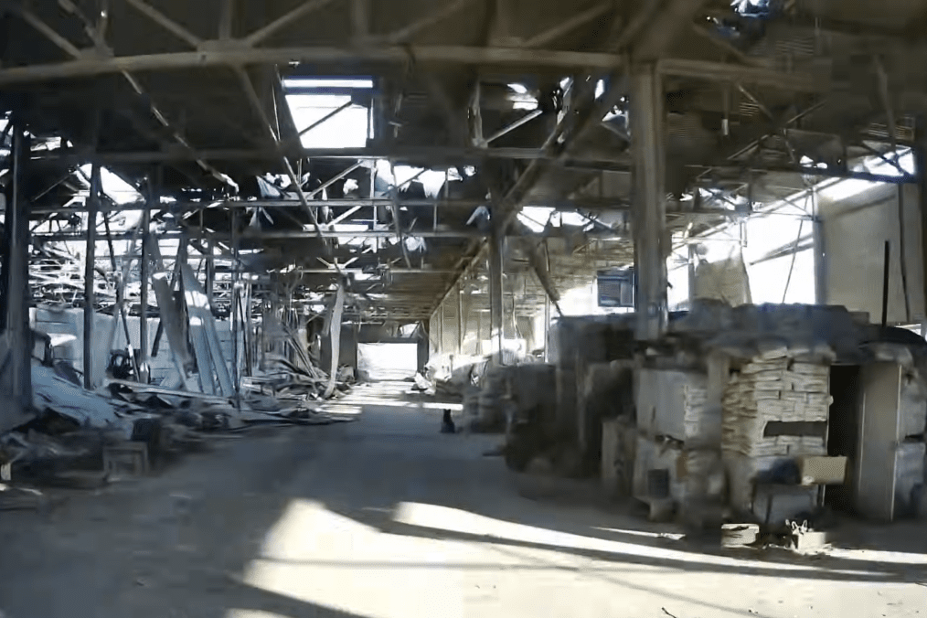 A damaged industrial storage facility seen in footage from a Ukrainian drone operation. (Source: Ptashka Drones via Militarnyi) A damaged industrial storage facility seen in footage from a Ukrainian drone operation. (Source: Ptashka Drones via Militarnyi)