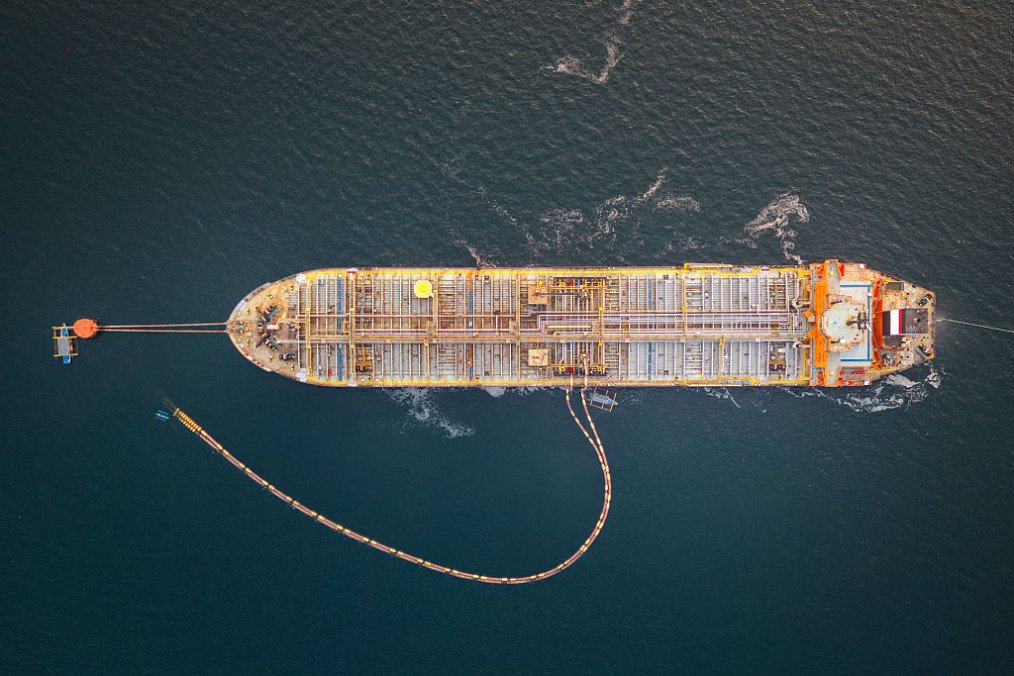 The Panamanian-flagged Tiger Wings, carrying crude oil from Russia, is moored off the Petron oil refinery on April 1, 2026 in Limay, Philippines. (Source: Getty Images)