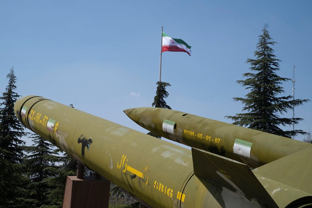 Two Iran-made missiles are displayed at a war museum in Tehran, Iran, on April 2, 2026. (Source: Getty Images)