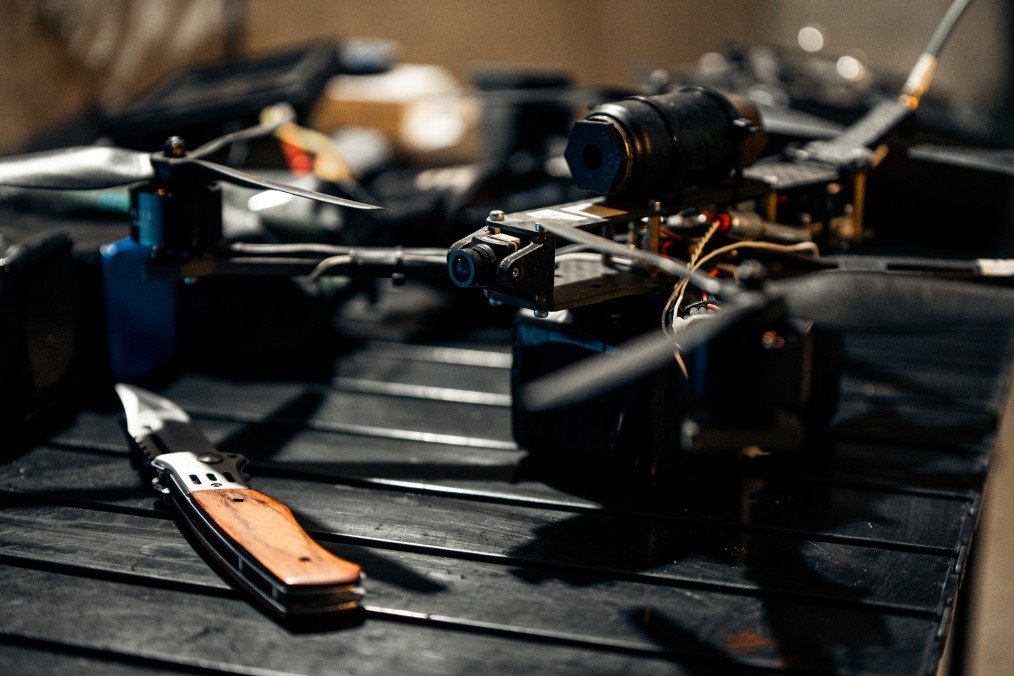 Ukrainian soldiers prepare FPV interceptor drones inside a shelter in Donetsk region. (Source: Getty Images)