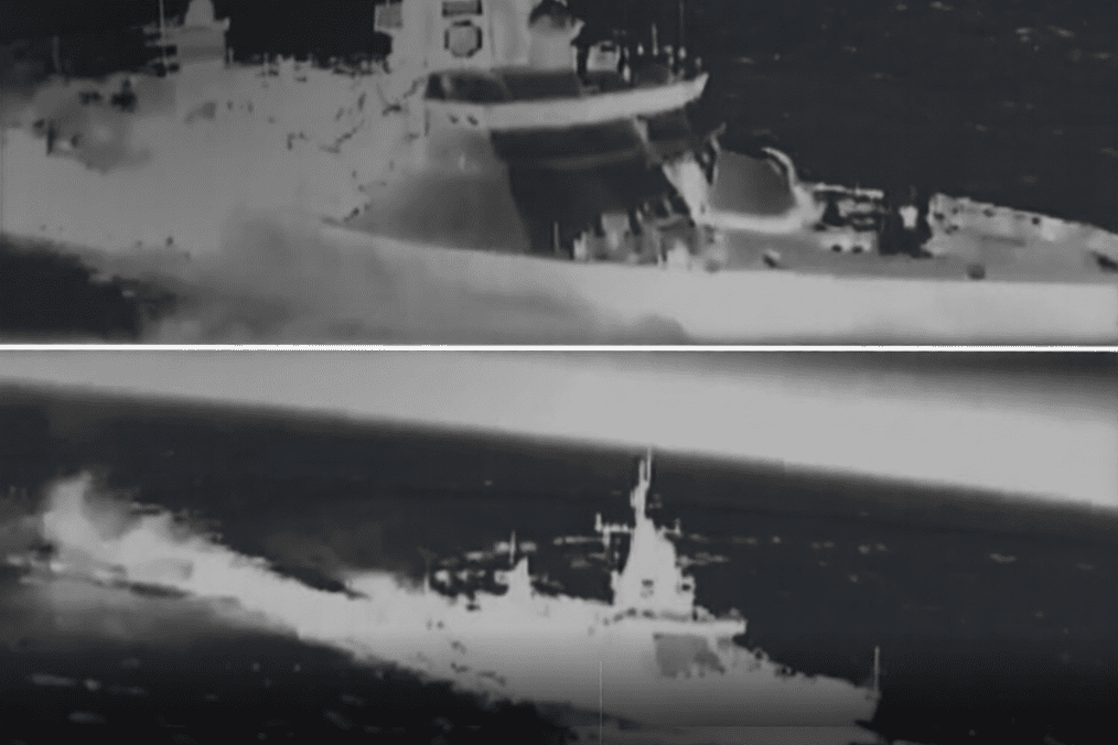 Russian Project 22800 Karakurt-class missile ship moments before Ukrainian long-range drone strike, May 2026. (Source: General Staff of the Armed Forces of Ukraine)