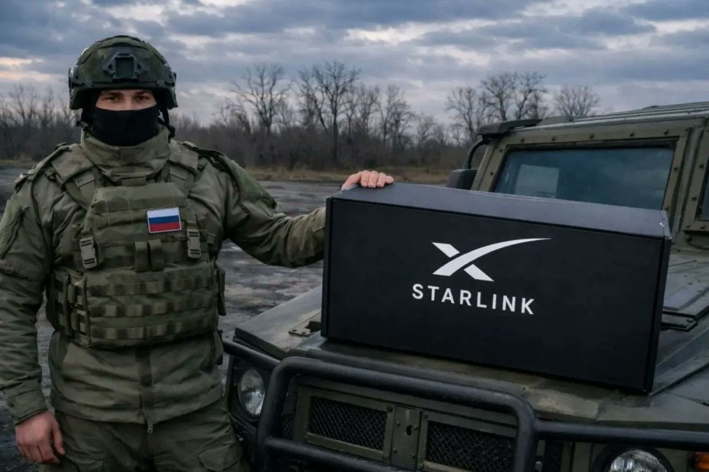 A Russian soldier stands next to a military vehicle with a Starlink terminal placed on the hood. (Photo: Open source)