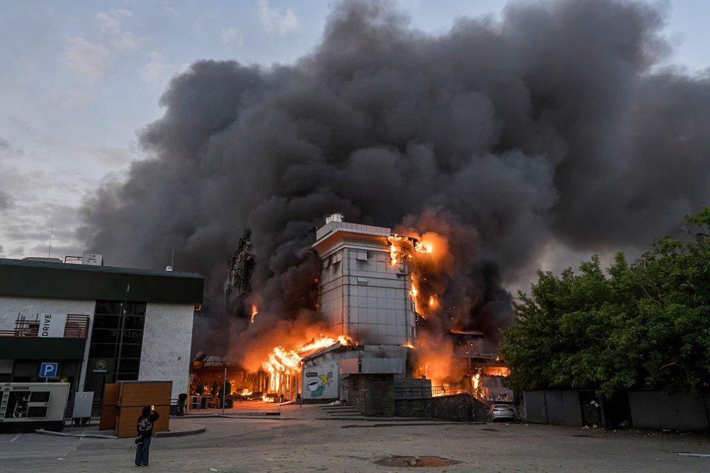 The aftermath of missile strikes in Kyiv, Ukraine, following one of the largest combined missile and drone operations on the Ukrainian capital overnight on May 24, 2026. (Source: Getty Images)