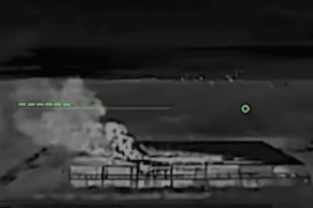 Russian Shahed/Gerbera attack drone storage on fire moments before the second drone strike, December 14, 2025, Donetsk region, Ukraine. (Source: 14th Regiment of Unmanned Aerial Systems)