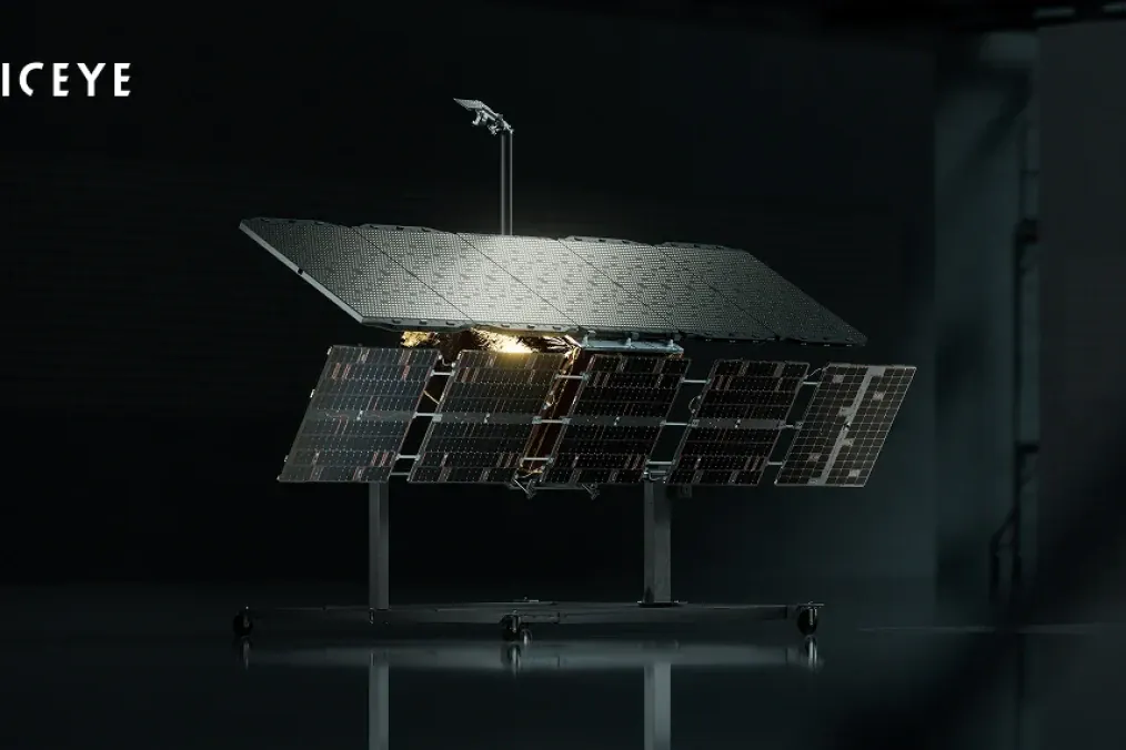 An ICEYE Gen4 synthetic aperture radar satellite on display. (Source: ICEYE)