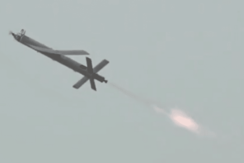 Modified Shahed-101 loitering munition launching with a rear-mounted rocket booster, showing its fixed-wing design and X-shaped tail stabilizers during flight. (Source: Mohammed al-Basha)