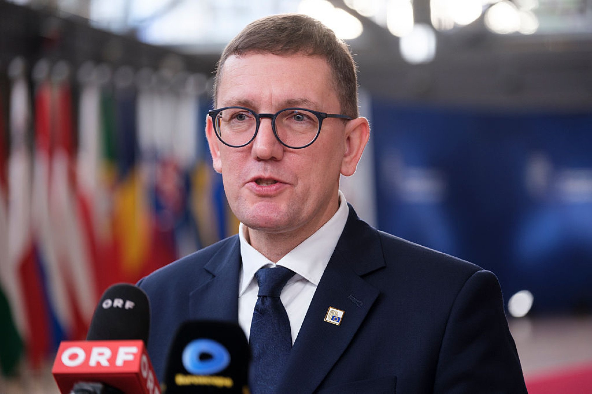 Estonian Prime Minister Kristen Michal talks to media in the Europa building, the EU Council headquarter prior to an EU Summit on October 15, 2026, in Brussels, Belgium. (Source: Getty Images)