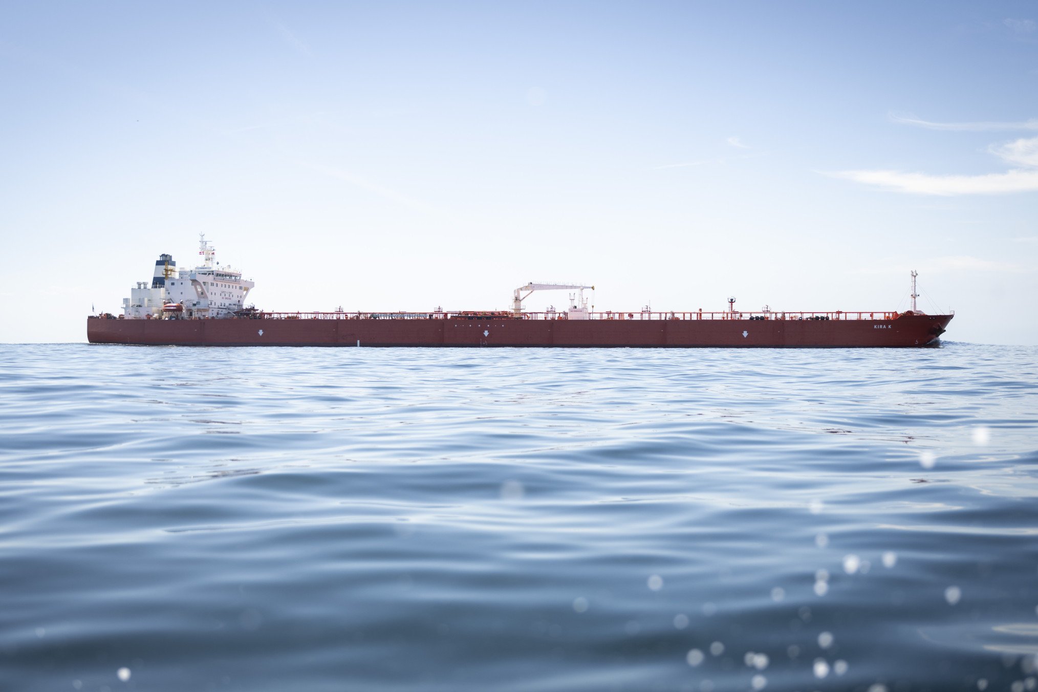 The oil tanker “Kira K,” identified by Greenpeace as part of Russia’s shadow fleet, is sailing off the German coast near Fehmarn, 30 June 2026, Schleswig-Holstein. (Source: Getty Images)