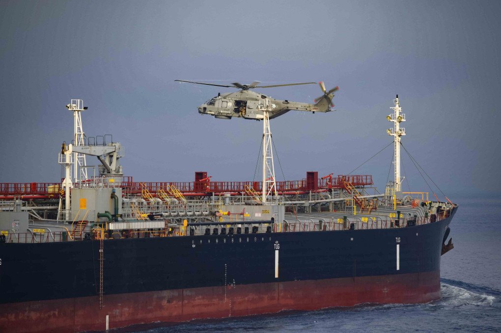 An EU naval helicopter hovers above the deck of the oil tanker MV SOUTH STAR during a flag verification operation. (Source: X / Kaja Kallas) An EU naval helicopter hovers above the deck of the oil tanker MV SOUTH STAR during a flag verification operation. (Source: X / Kaja Kallas)