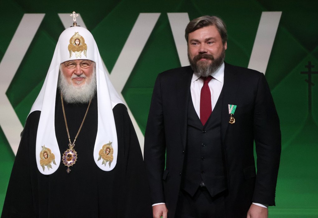 Russian Orthodox Patriarch Kirill, with just awarded Konstantin Malofeev during the 15th World Russian People's Congress at the State Kremlin Palace in Moscow, 2023 (Source: Contributor via Getty Images) Russian Orthodox Patriarch Kirill, with just awarded Konstantin Malofeev during the 15th World Russian People's Congress at the State Kremlin Palace in Moscow, 2023 (Source: Contributor via Getty Images)
