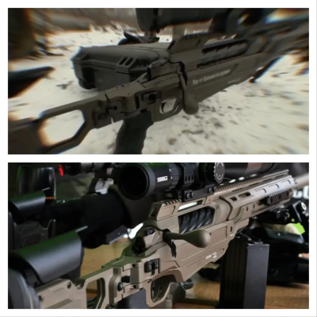 Photo comparison: Russian sniper rifles seen in social media videos (top) and Canadian-made Cadex Defence firearms (bottom). (Source: Global News)