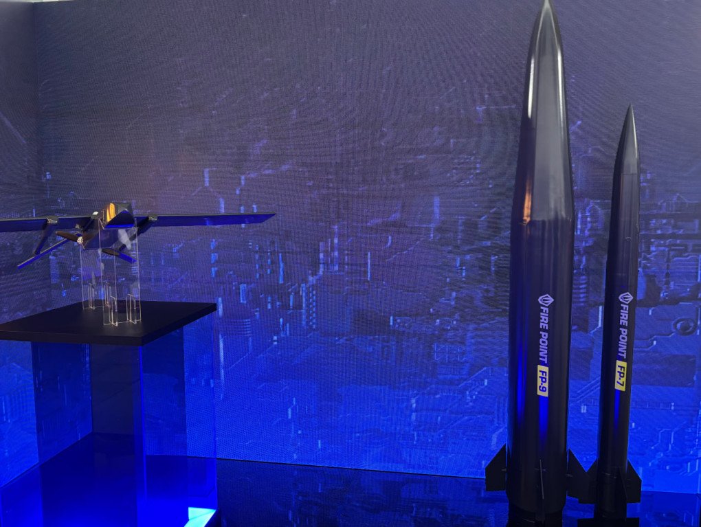 Scaled model of the FP-1 long-range strike drone, FP-7, and FP-9 long-range missiles made by Ukrainian company Fire Point. (Source: UNITED24 Media/Vladyslav Litnarovych)