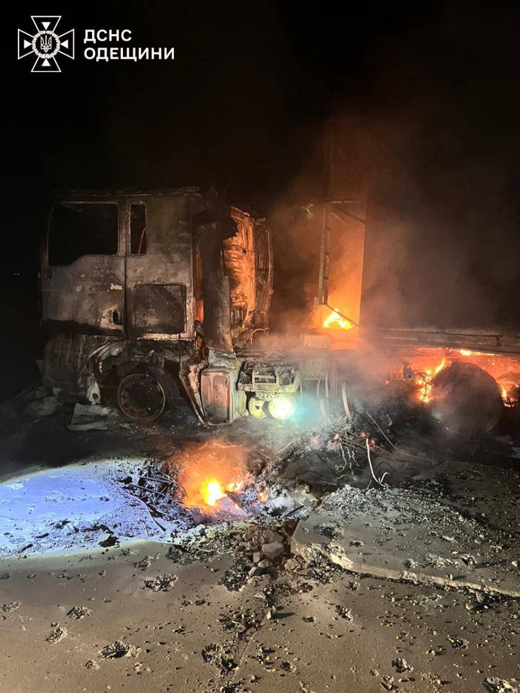 A truck burns furiously at the impact site, where multiple vehicles were destroyed by the blast. (Source: State Emergency Service) A truck burns furiously at the impact site, where multiple vehicles were destroyed by the blast. (Source: State Emergency Service)