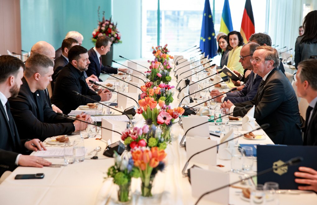 German Chancellor Friedrich Merz (2ndR) and and President Volodymyr Zelensky (4thL) attend a business lunch with Ukrainian President Volodymyr Zelensky and other German and Ukrainian cabinet members at the Chancellery on April 14, 2026 in Berlin, Germany. (Photo by Clemens Bilan via Getty Images) German Chancellor Friedrich Merz (2ndR) and and President Volodymyr Zelensky (4thL) attend a business lunch with Ukrainian President Volodymyr Zelensky and other German and Ukrainian cabinet members at the Chancellery on April 14, 2026 in Berlin, Germany. (Photo by Clemens Bilan via Getty Images)