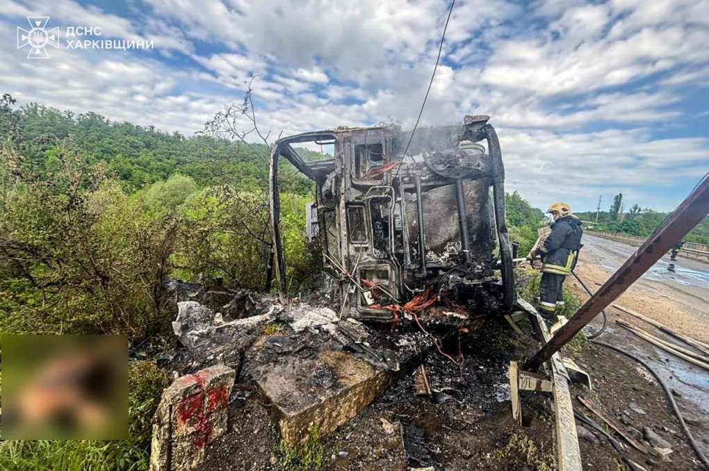 Aftermath of a Russian drone strike on a truck in the Kharkiv region, May 21, 2026.