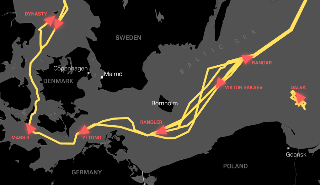 Red arrows indicate vessels, while yellow lines show routes in the Baltic Sea around the Danish island of Bornholm. (Source: tv4)