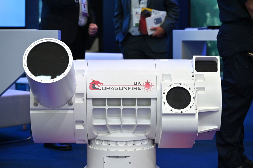 The UK’s DragonFire laser air defense system showcased at the DSEI 2025 exhibition in London. (Source: Getty Images)