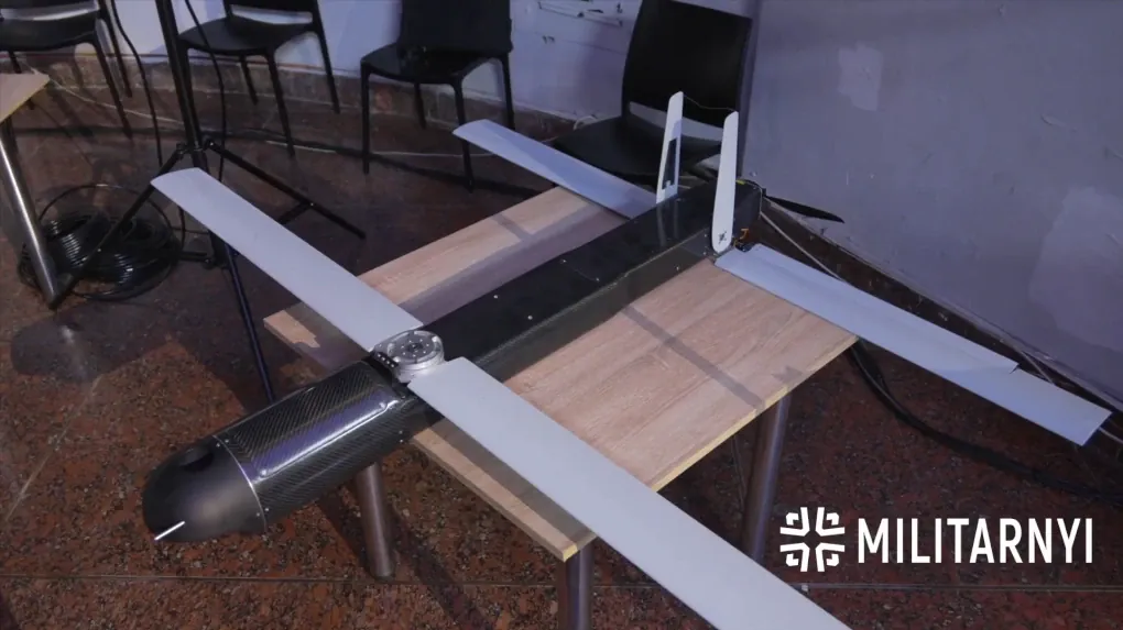 A new Ukrainian-designed unmanned aerial vehicle, POP Fly, during an exhibition. (Source: Militarnyi) A new Ukrainian-designed unmanned aerial vehicle, POP Fly, during an exhibition. (Source: Militarnyi)