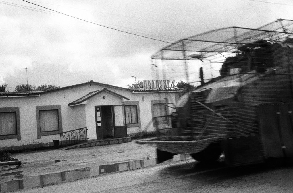 A Ukrainian armored vehicle passes through the city in Kostiantynivka.