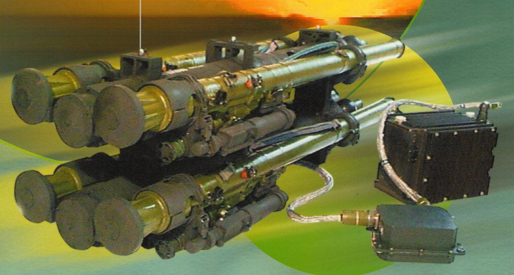 Sistema de lanzamiento Strelets equipado con cuatro tubos MANPADS Igla y unidades de control externas, diseñado para su montaje en helicópteros rusos como el Mi-28N. (Fuente: medios rusos)