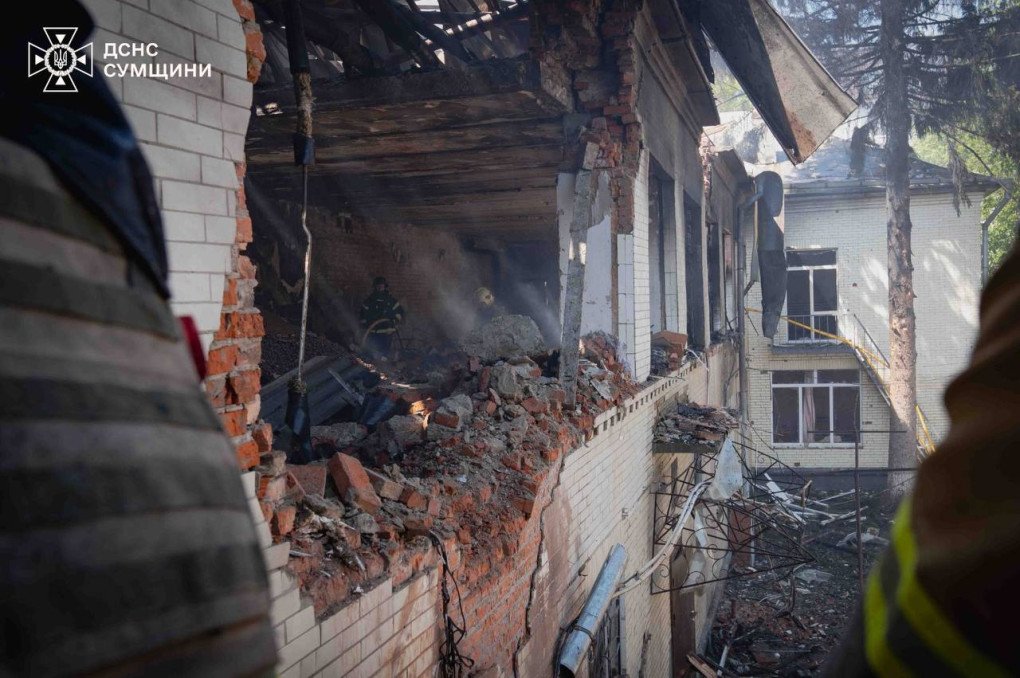Firefighters work inside a destroyed kindergarten in Sumy after a Russian double drone strike on May 6. (Source: State Emergency Service of Ukraine)