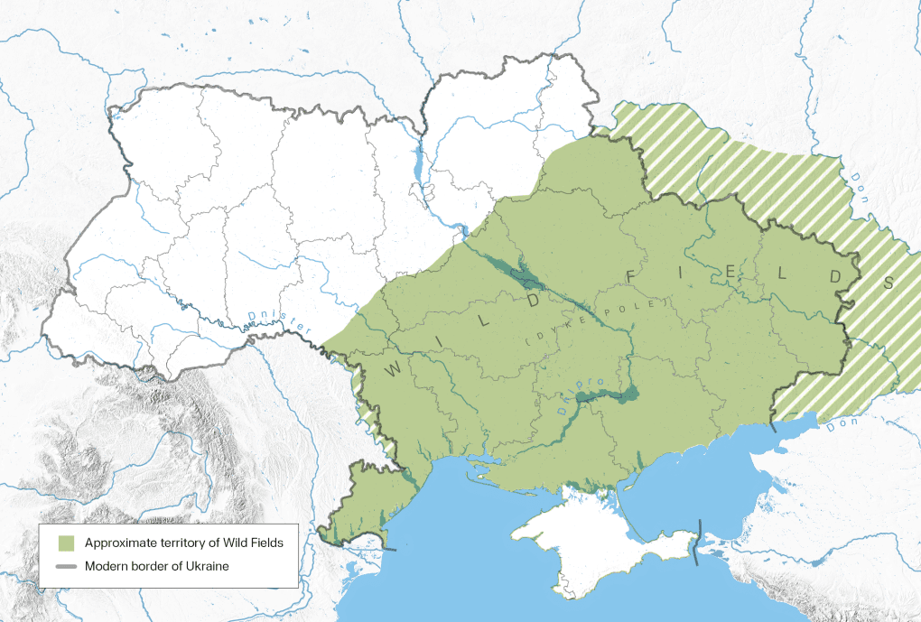 An illustration of the wild fields of the Dnipro where the Cossacks settled, superimposed on Ukraine’s modern borders (Illustration: UNITED24 Media) An illustration of the wild fields of the Dnipro where the Cossacks settled, superimposed on Ukraine’s modern borders (Illustration: UNITED24 Media)