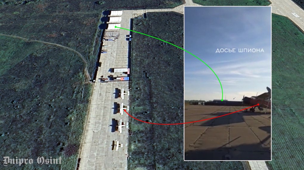 Geolocation analysis by Dnipro OSINT compares strike footage with satellite imagery of Protasovo airfield, identifying the hangar area reportedly targeted by a Ukrainian FP-1 drone. (Source: Dnipro OSINT)