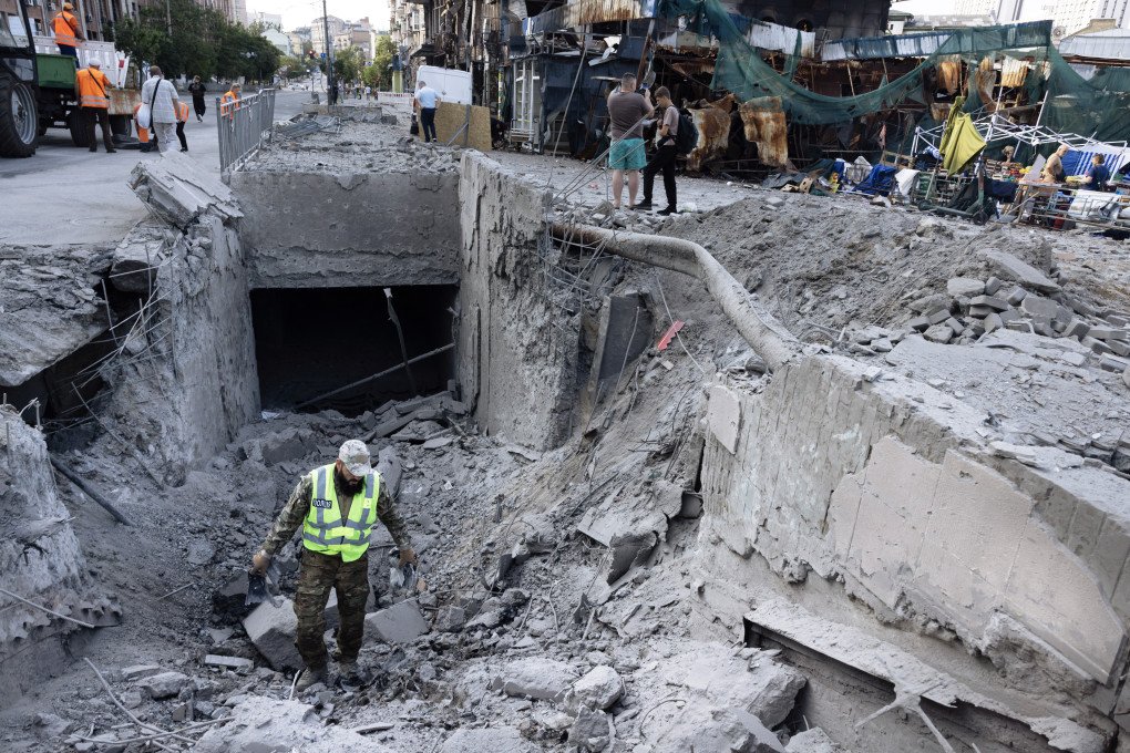 A weapons officer checks the missile parts at the metro station after a large-scale attack overnight that left at least one person dead and thirteen injured on July 19, 2026 in Kyiv, Ukraine. (Photo by Paula Bronstein via Getty Images)