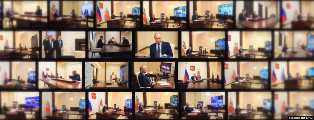 Un collage de las reuniones de Vladimir Putin en oficinas casi idénticas en diferentes residencias, según el análisis del proyecto de investigación Sistema. (Fuente: Sistema/RFERL)