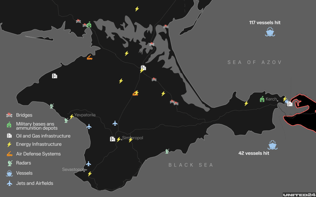 Map of Ukrainian drone strikes across Crimea from June to July 2026. (Illustration: UNITED24 Media) Map of Ukrainian drone strikes across Crimea from June to July 2026. (Illustration: UNITED24 Media)