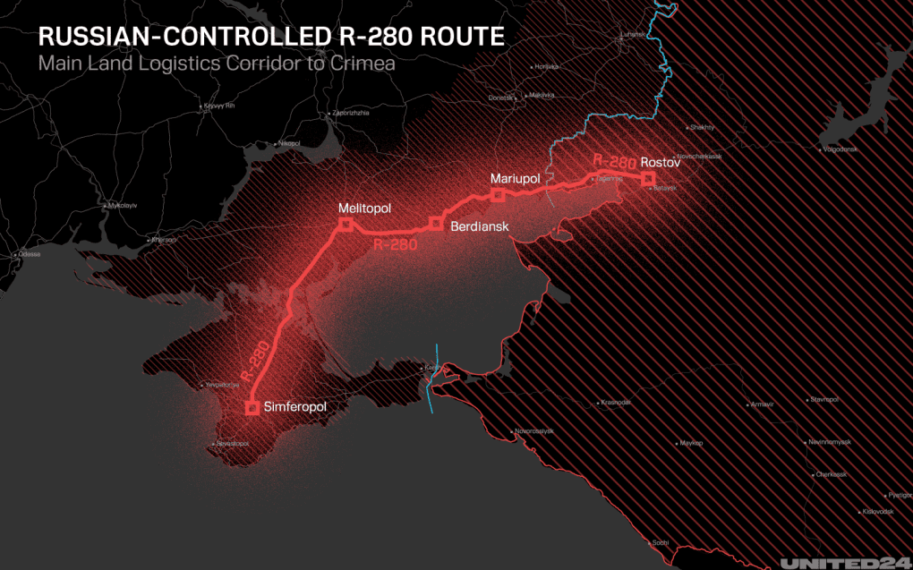 Map showing Russia’s R-280 logistics corridor linking occupied Mariupol with Crimea through Melitopol and Berdyansk. (Source: Oleksandr Manulians/UNITED24 Media) Map showing Russia’s R-280 logistics corridor linking occupied Mariupol with Crimea through Melitopol and Berdyansk. (Source: Oleksandr Manulians/UNITED24 Media)