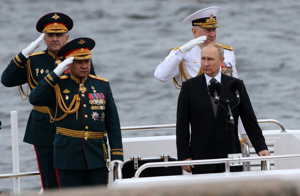 Russia’s leader, Vladimir Putin (2R), former Defense Minister Sergei Shoigu (L) and former Chief Commander of the Russian Naval Fleet Nikolai Yevmenov (R) seen aboard of a boat during the Navy Day Parade, 2022. (Source: Contributor via Getty Images) Russia’s leader, Vladimir Putin (2R), former Defense Minister Sergei Shoigu (L) and former Chief Commander of the Russian Naval Fleet Nikolai Yevmenov (R) seen aboard of a boat during the Navy Day Parade, 2022. (Source: Contributor via Getty Images)