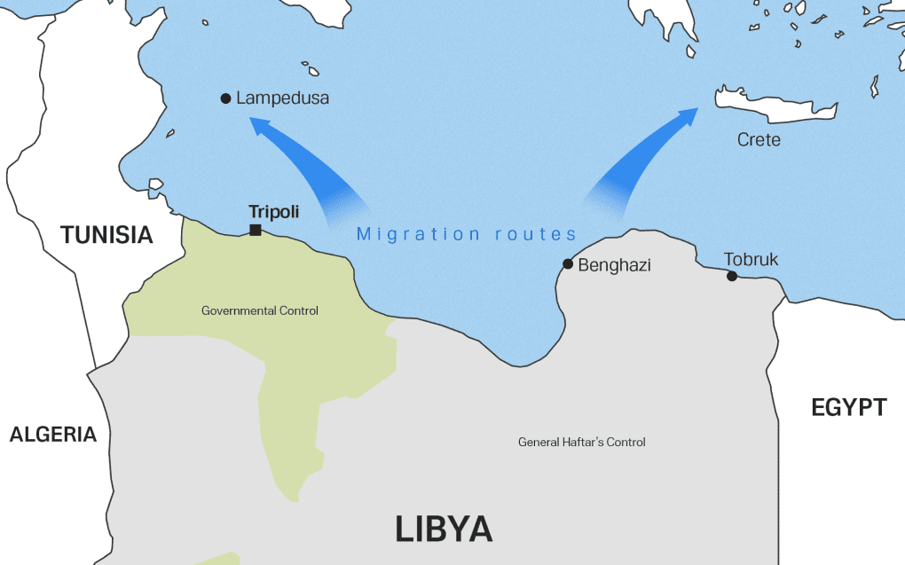 Migration routes from Libya to the Central Mediterranean. Migration routes from Libya to the Central Mediterranean.