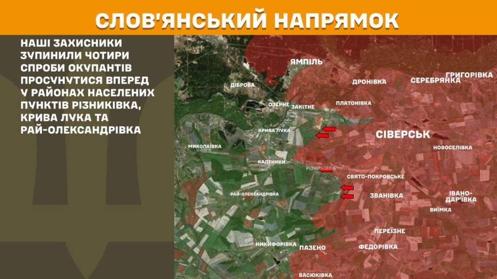 Mapa táctico que ilustra los sectores de Sloviansk y Oleksandrivka, indicando los puntos geográficos exactos donde las defensas ucranianas detuvieron seis intentos de avance.