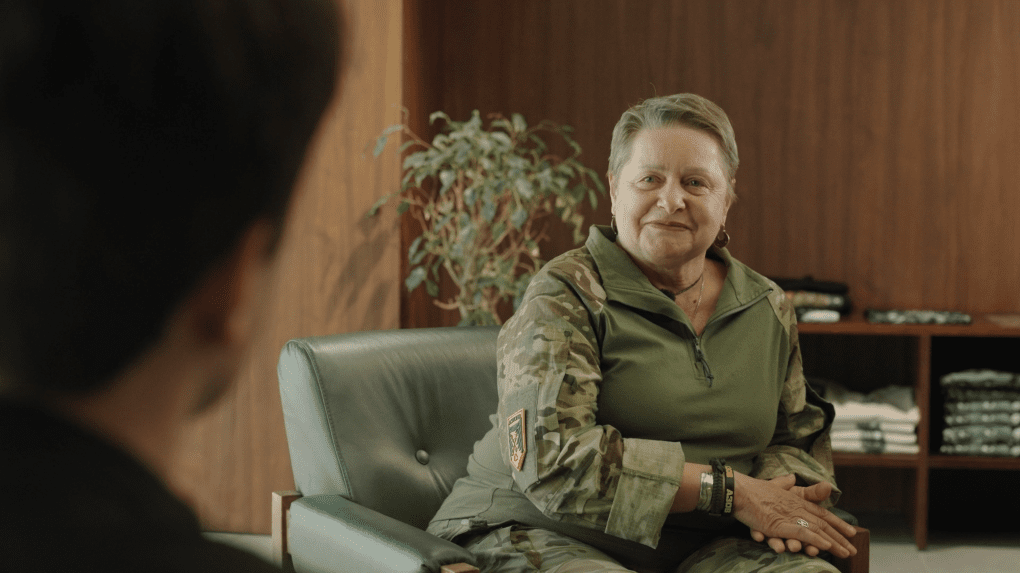 Tetiana Tepliuk, 74 y.o., sergeant of the Azov Brigade during an interview with Louis Beaudemont, UNITED24 Media journalist, at the Azov 4308 Hub space in Kyiv. (Source: Mikola Hrinenko/UNITED24 Media)