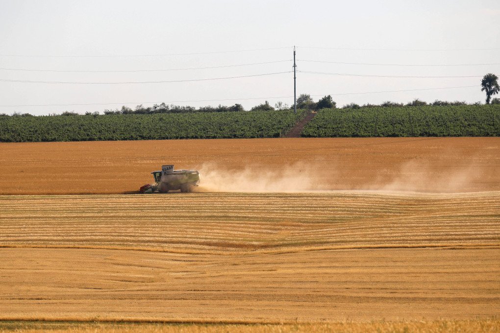A combine harvester works in Odesa region, Ukraine